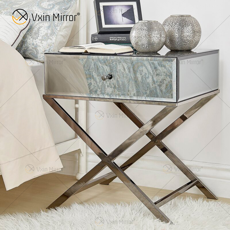 Vanity Modern WXF-046 Silver Stainless Steel Furniture Crystal Nightstand With 1 Drawers Mirrored Bedside Table
