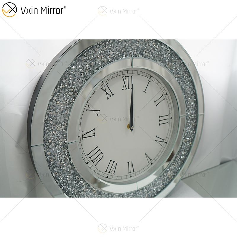 Hot Sale Modern Silver Crushed Diamond Round Mirror Wall Clock