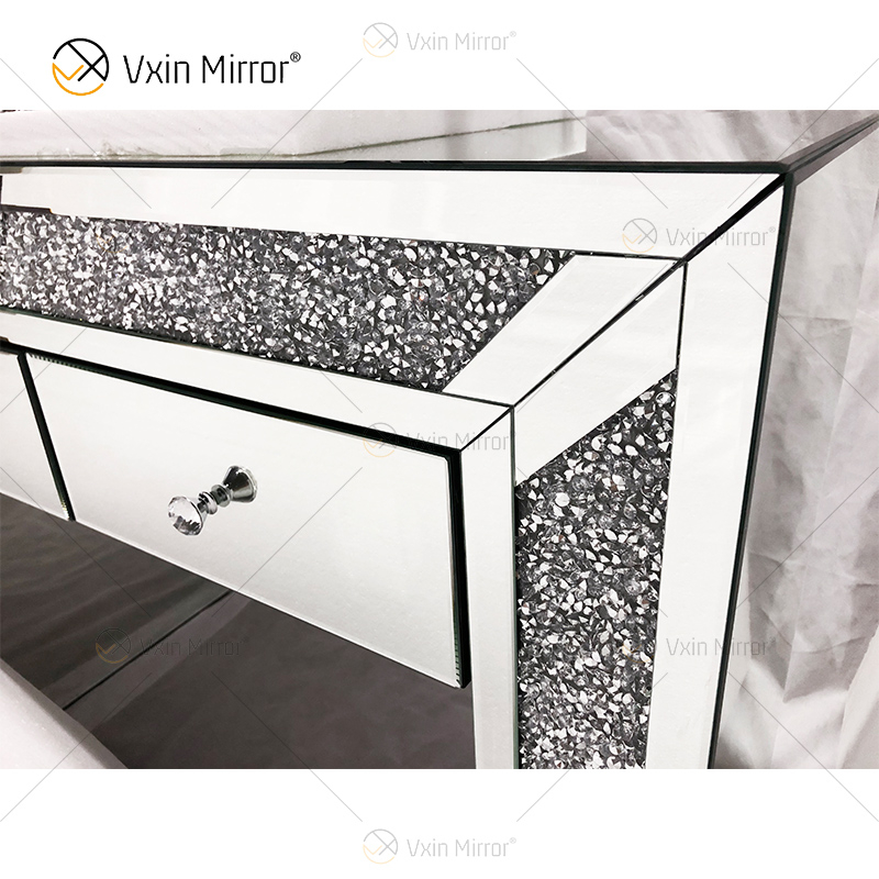 Hot Sell Modern Crushed Diamond Silver Dressing Table Stool 2 Drawers with Full-length Mirror