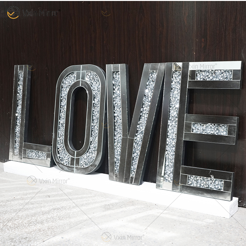 Silver Crushed Crystal Diamond Mirror Letters Wall Hung Xmas Mirrored Love Decoration Mirror Wall Art For Sofa Furniture