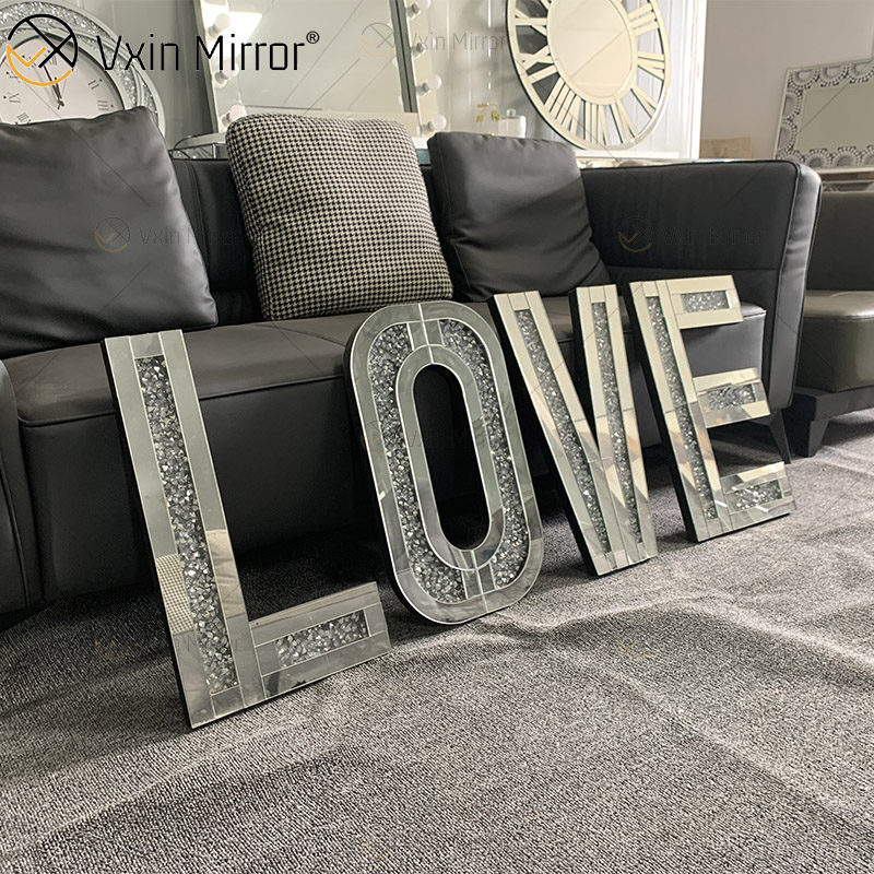 Silver Crushed Crystal Diamond Mirror Letters Wall Hung Xmas Mirrored Love Decoration Mirror Wall Art For Sofa Furniture