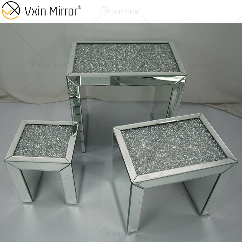 Hot Sale ZH056 Square Side Table Modern Combined Silver Glass with Crystal Diamond Top Living Room Mirror Side Tables