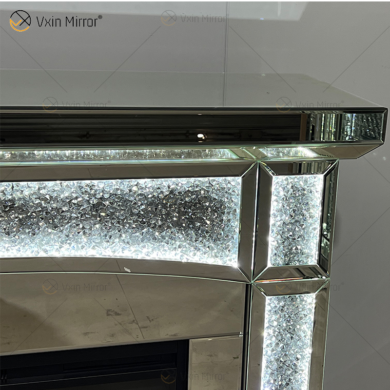 New Design WXMF026-1 LED Silver Crystal Glass Living Room Mirror Fireplace with Insert Indoor