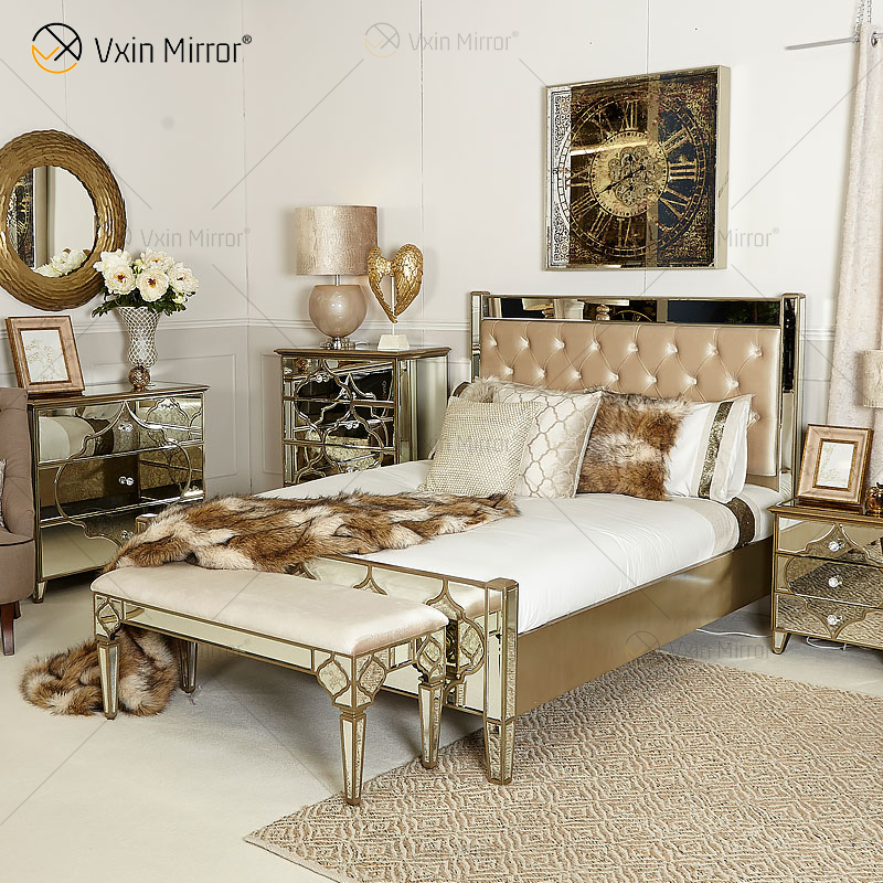 Antique Furniture King Bed Golden Frame Mirrored Super Bed