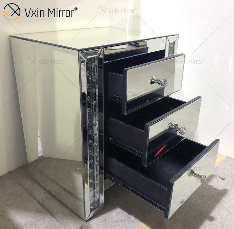 Vxin Crystal Decor WXF-274 Silver Tallboy Crystal Mirror Bedside Table with 3 Drawers Mirror Nightstand