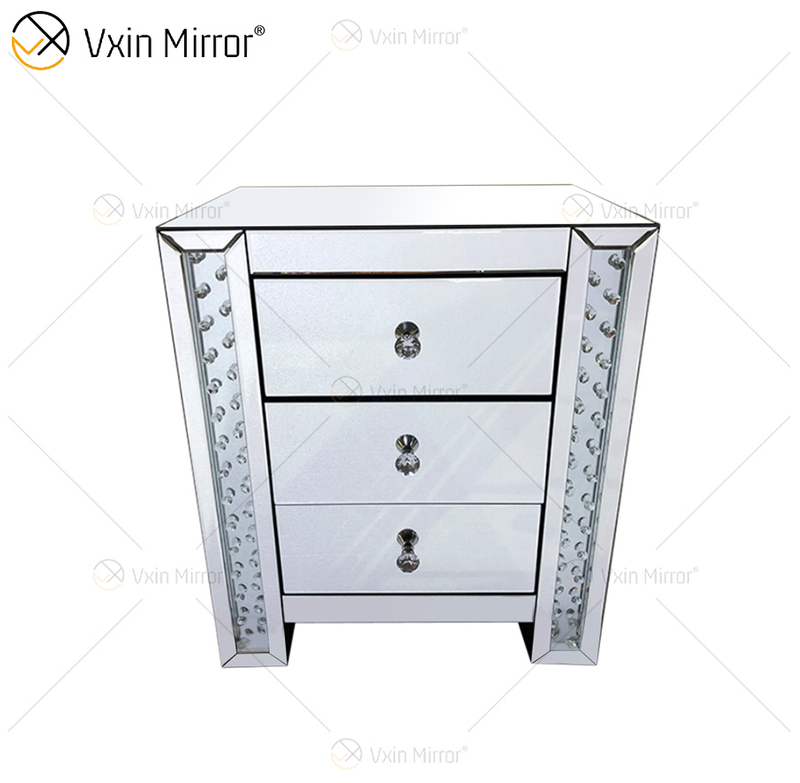 Vxin Crystal Decor WXF-274 Silver Tallboy Crystal Mirror Bedside Table with 3 Drawers Mirror Nightstand