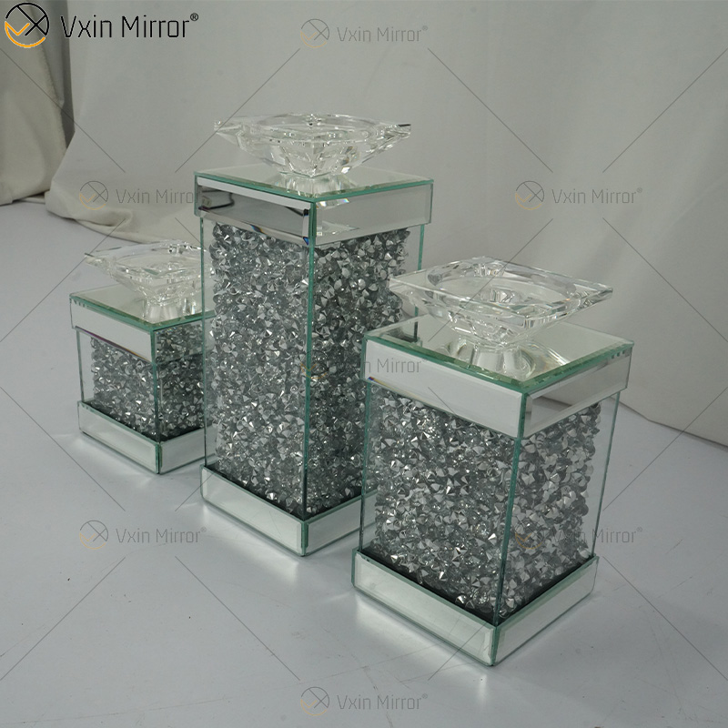 Vxin Mirror WXCH-078 Silver Floating Crystals Mirrored Candelabra Candle Holder