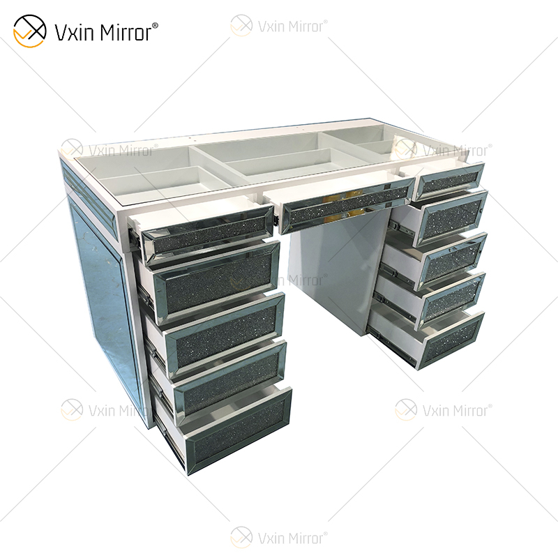 WXF-276 Modern White Glass Modern Minimalist Dressing Table with Diamond with 11 Rebound Drawers with Transparent Glass on Top