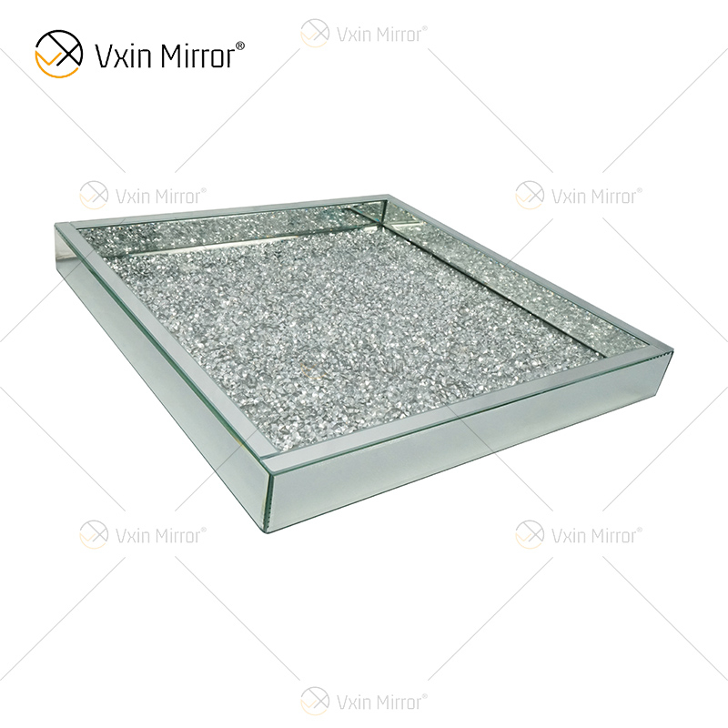 Hot Sale WXMT-019 Modern HomeDecor Silver Crushed Diamond Glass Square Mirror Trays