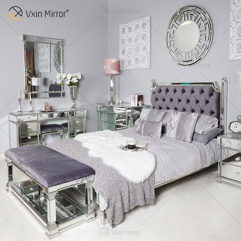 Antique King Grace Champagne Silver Frame Mirrored Super Bed Furniture