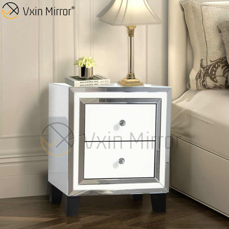 Hot Sale Home White Glass Furniture 2 Drawers Mirrored Cabinet Chest WXF-786
