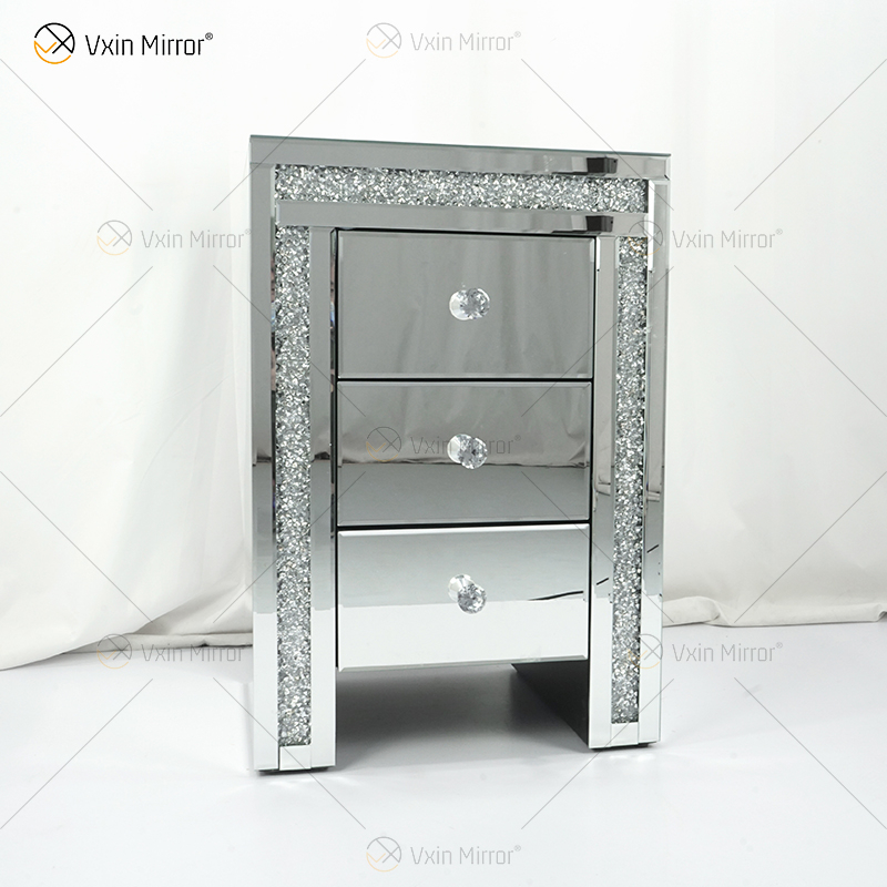 Vxin WXWF-716 Home Modern Acrylic Nightstand 3 Drawers Mirrored Bedside Table