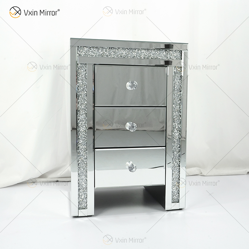 Vxin WXWF-716 Home Modern Acrylic Nightstand 3 Drawers Mirrored Bedside Table