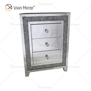Good Quality Silver Crushed Diamond Frame Nightstand Bedside Table with 3 Drawer Mirrored Bedside Table