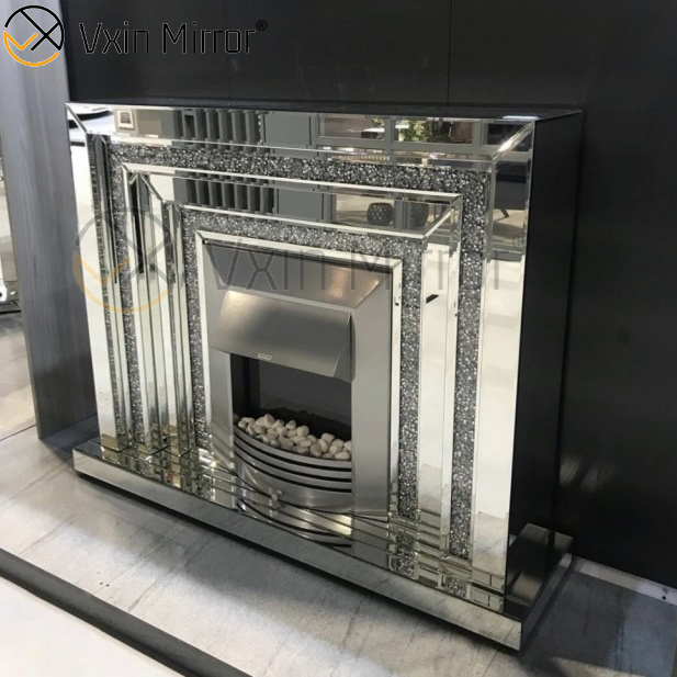 Modern Home Decor Living Room Mirror Fireplace Sparkle Diamond Crush Mirrored Furniture Electric Fireplace WXWF-044