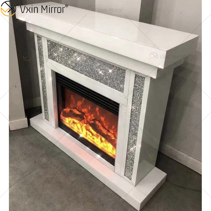Luxury Indoor Crushed Diamond Crystal White Glass Mirror Fireplace in Living Room Furniture WXWF-1108