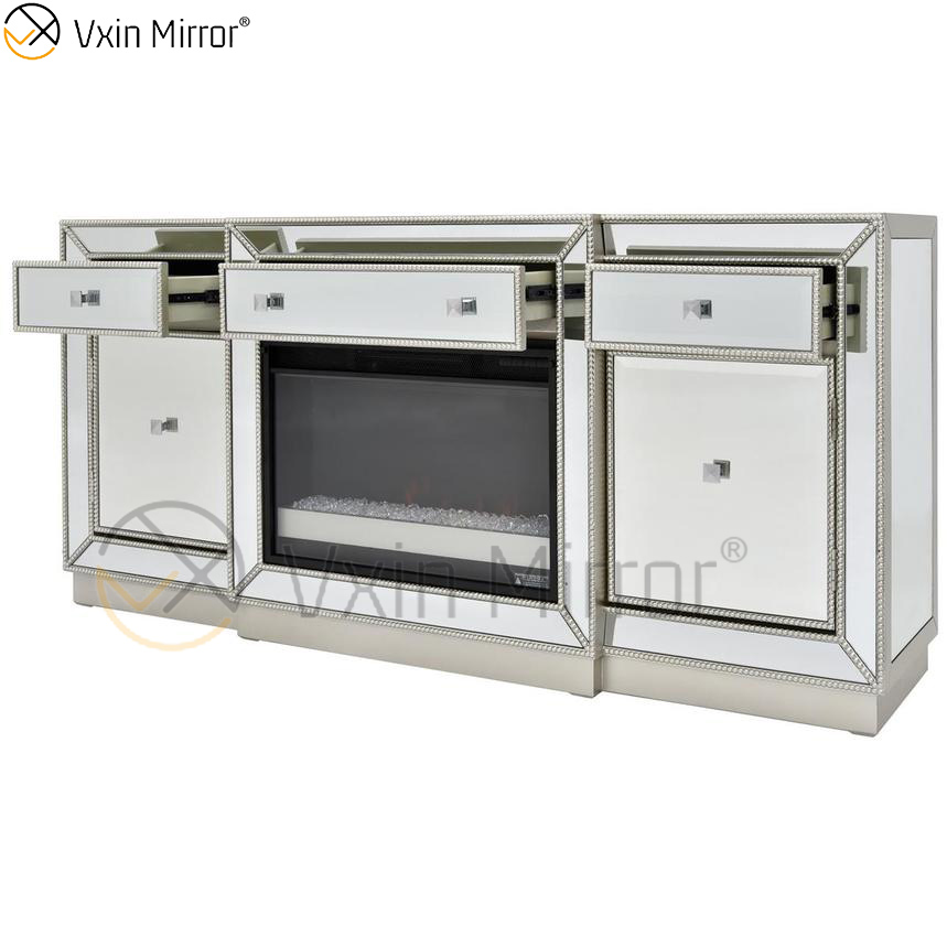 Vxin Mirror Furniture Crushed Diamond Champagne Mirrored Fireplace TV Stands Cabinet Stands with Crystal Insert