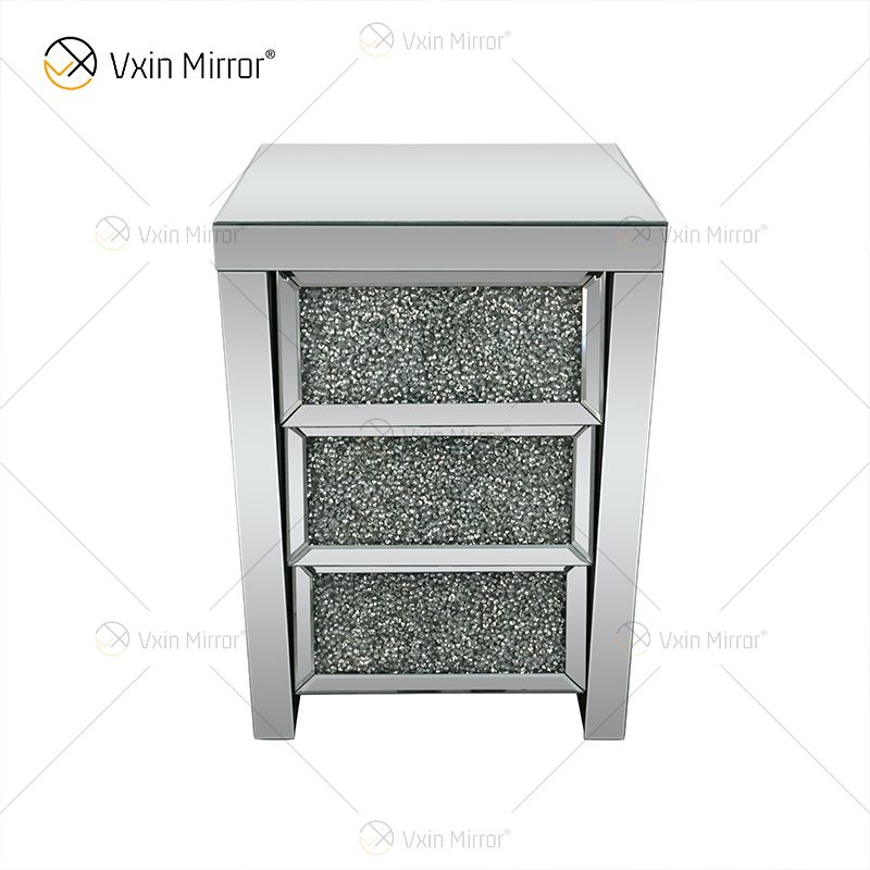 Vxin Mirror WXF-116 Silver Crystal Nightstand Bevel Mirrored Bedside Table With 3 Drawer for Bedroom