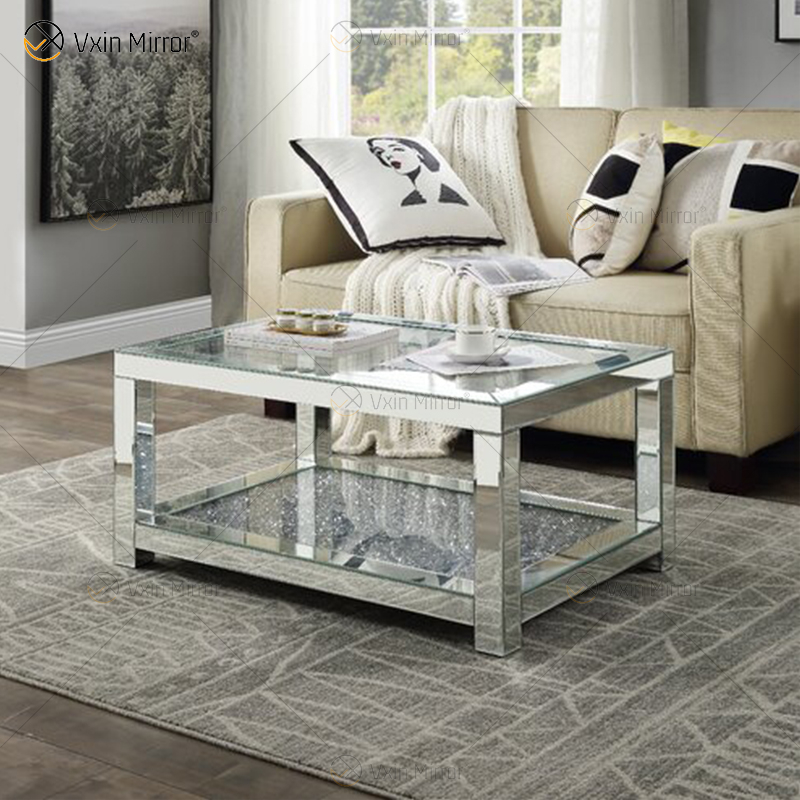 Vxin Sparkling Crushed Diamond Mirrored Coffee Table Silver Covered with Diamonds for Living Room
