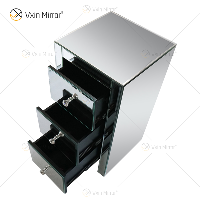 Factory Modern WXF-032 Three Drawer Silver Glass Mirrored Nightstand Bedside Table