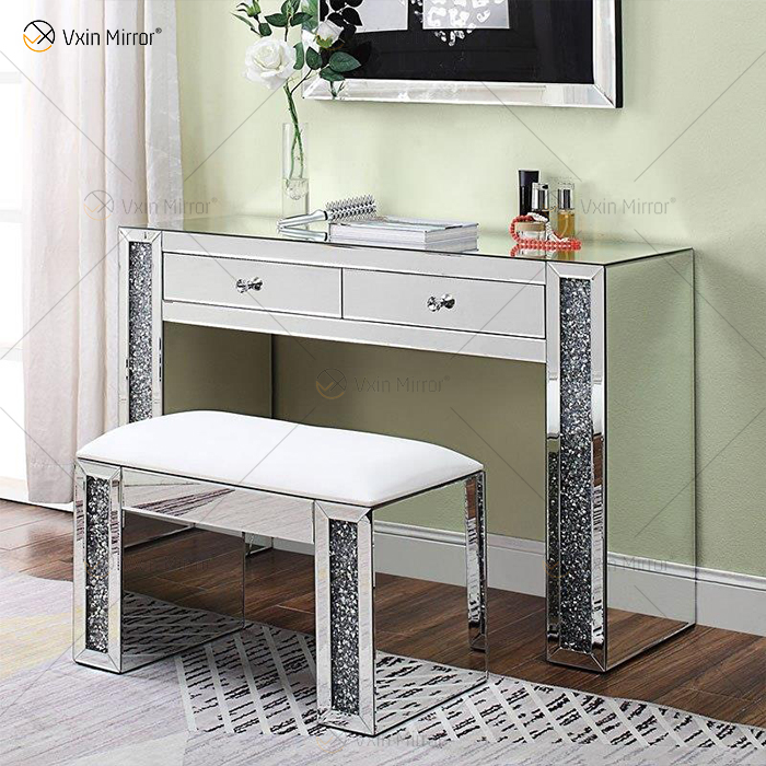 China Supply Modern Crushed Diamond Silver Dressing Table with Stool 2 Drawers with Full-length Mirror