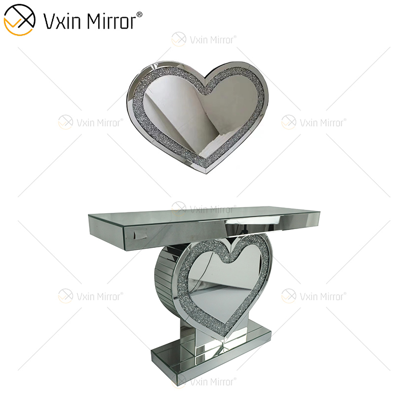 Vxin Mirror Factory Supply Silver Crystal Heart Design Console Table with Mirror Hallway for Living Room Furniture