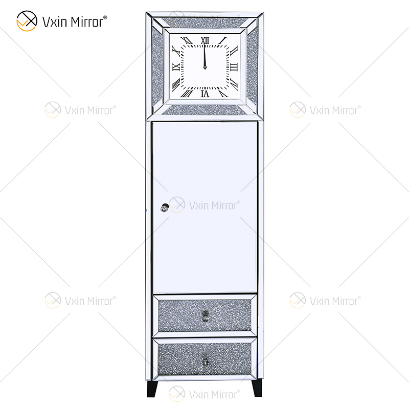 Elegant Home Decor WXF-739 Silver Mirored Crushed Diamond Clock Cabinet With 2 Drawers