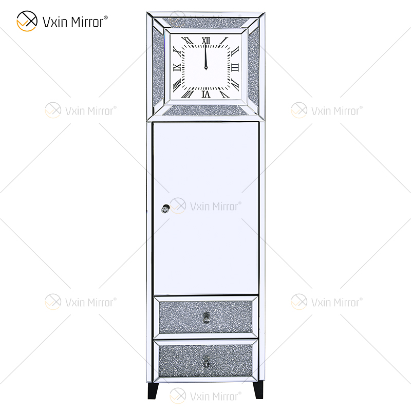 Elegant Home Decor WXF-739 Silver Mirored Crushed Diamond Clock Cabinet With 2 Drawers