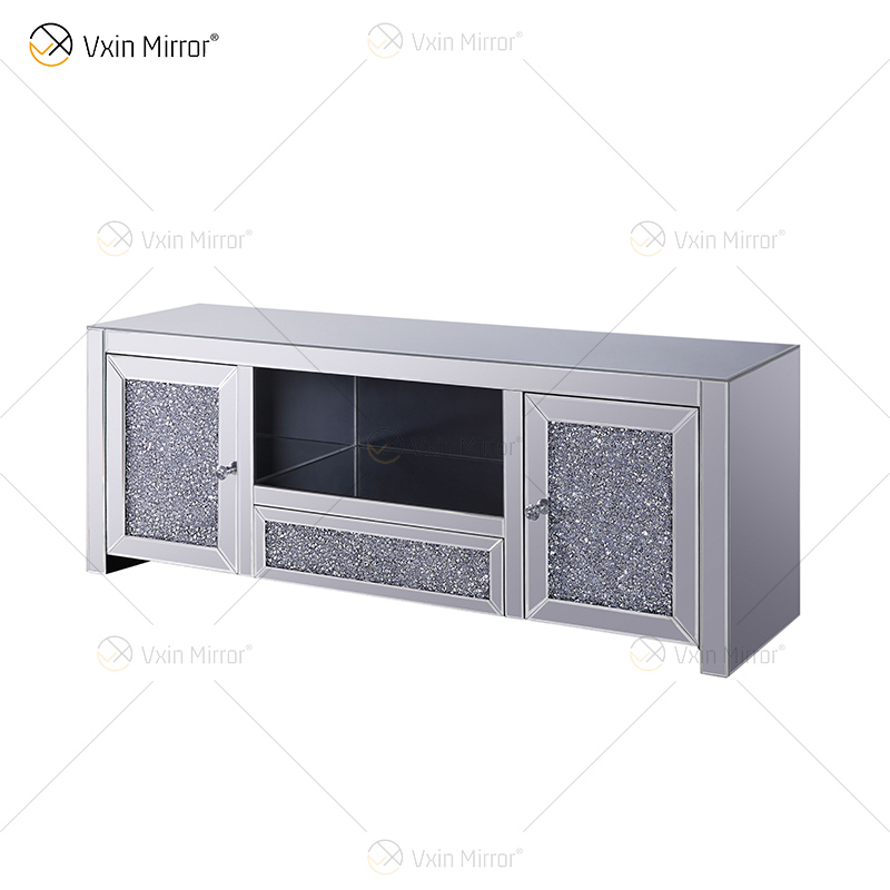 Wholesale WXF-097 Mirrored Living Room Furniture Crushed Diamond Silver Cabinet 2 Drawer Mirror TV Stands