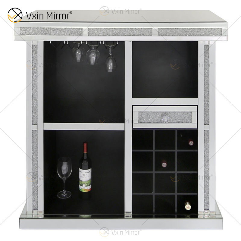 Vxin Home Decor WXF-142 Silver Mirored Crushed Diamond Tall Wine Cabinet with One Drawers