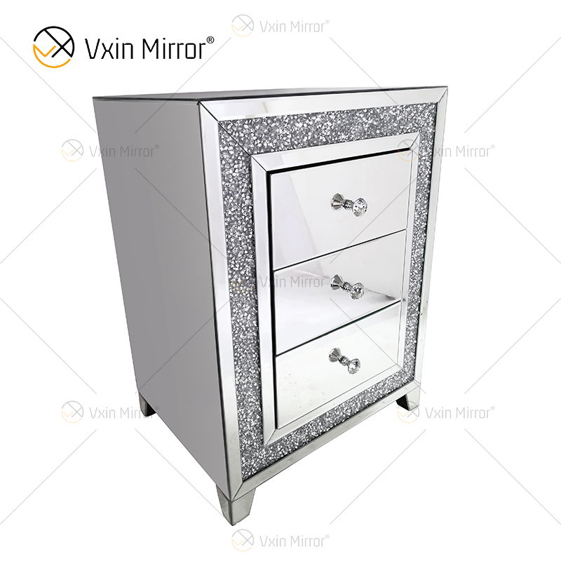 Good Quality Silver Crushed Diamond Frame Nightstand Bedside Table with 3 Drawer Mirrored Bedside Table