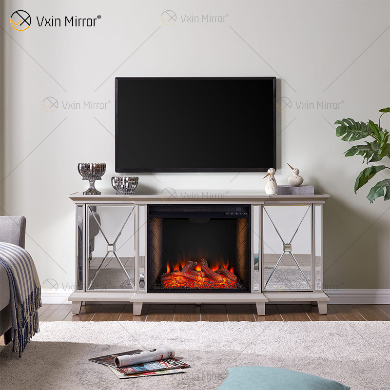 Ornate Berlin Furniture WXF-415 Champagne Silver Mirrored Fireplace TV Stands Cabinet With Hot Wind Insert 2 Types