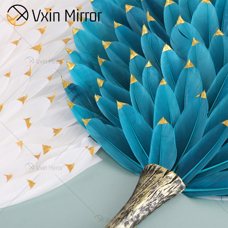 Modern Minimalism White Blue Feather Painting Luxury Round Crystal Wall-mounted Art Painting