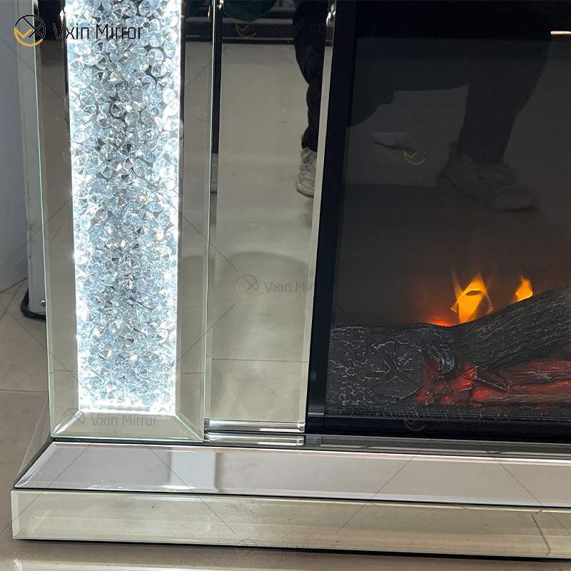 New Design WXMF026-1 LED Silver Crystal Glass Living Room Mirror Fireplace with Insert Indoor