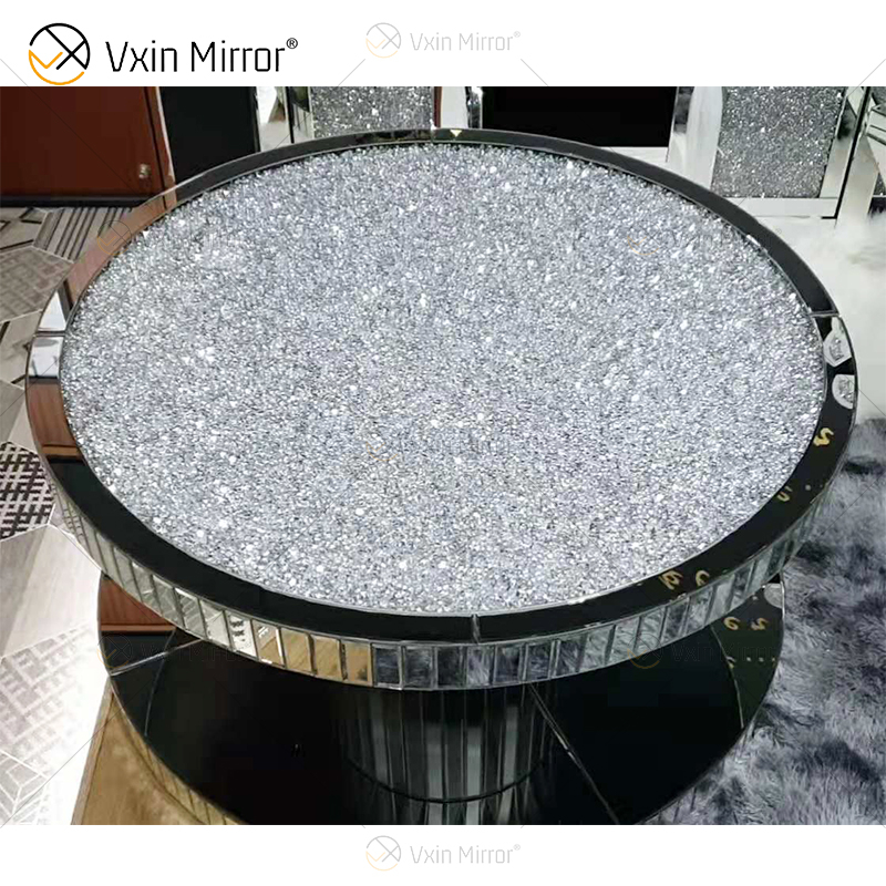 Vxin WXF-270-1 3D Sparkling Crushed Diamond Round Mirrored Coffee Table Silver Covered with Diamonds