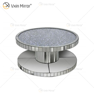 Vxin WXF-270-1 3D Sparkling Crushed Diamond Round Mirrored Coffee Table Silver Covered with Diamonds