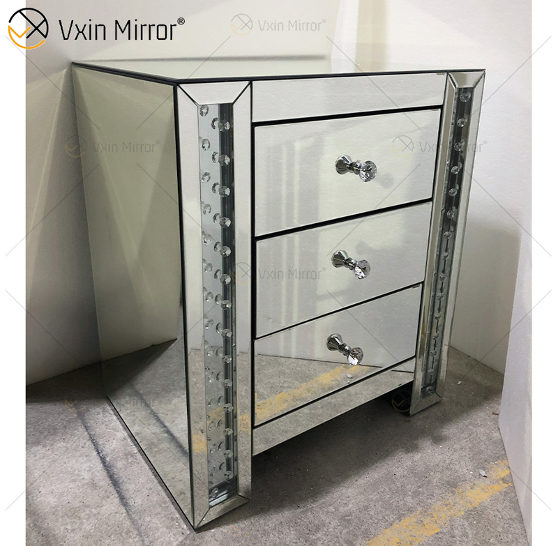 Vxin Crystal Decor WXF-274 Silver Tallboy Crystal Mirror Bedside Table with 3 Drawers Mirror Nightstand