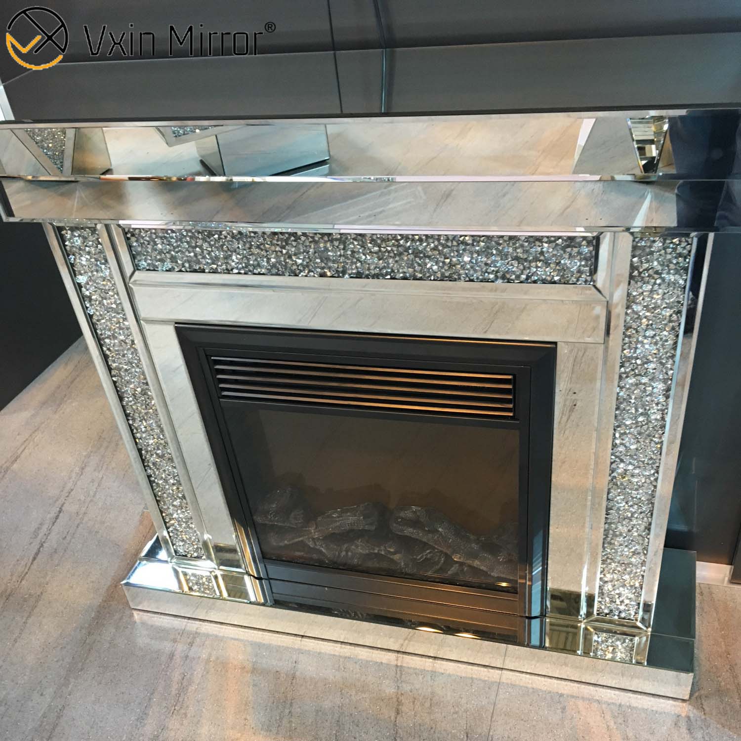 Modern WXWF-1092 Home Decor Luxury Crystal Crushed Diamond Mirror Fireplace With Heater In Living Room Furniture