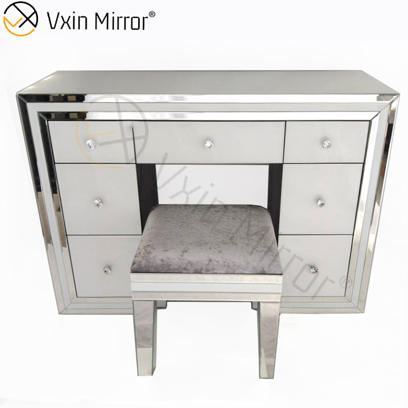 Hot Sell White Mirror Set WXF-792 Modern Silver Frame Dressing Table with Chair 7 Drawers