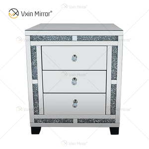 Good Quality Silver Crushed Diamond Nightstand Bedside With 3 Drawer Mirrored Bedside Table