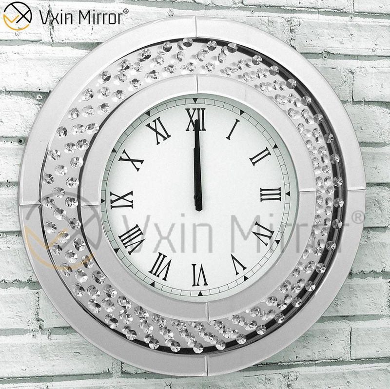 Round Large Sparkly Crushed Diamond Bevelled 50cm Floating Crystal Silver Mirrored Wall Clock WXC-009